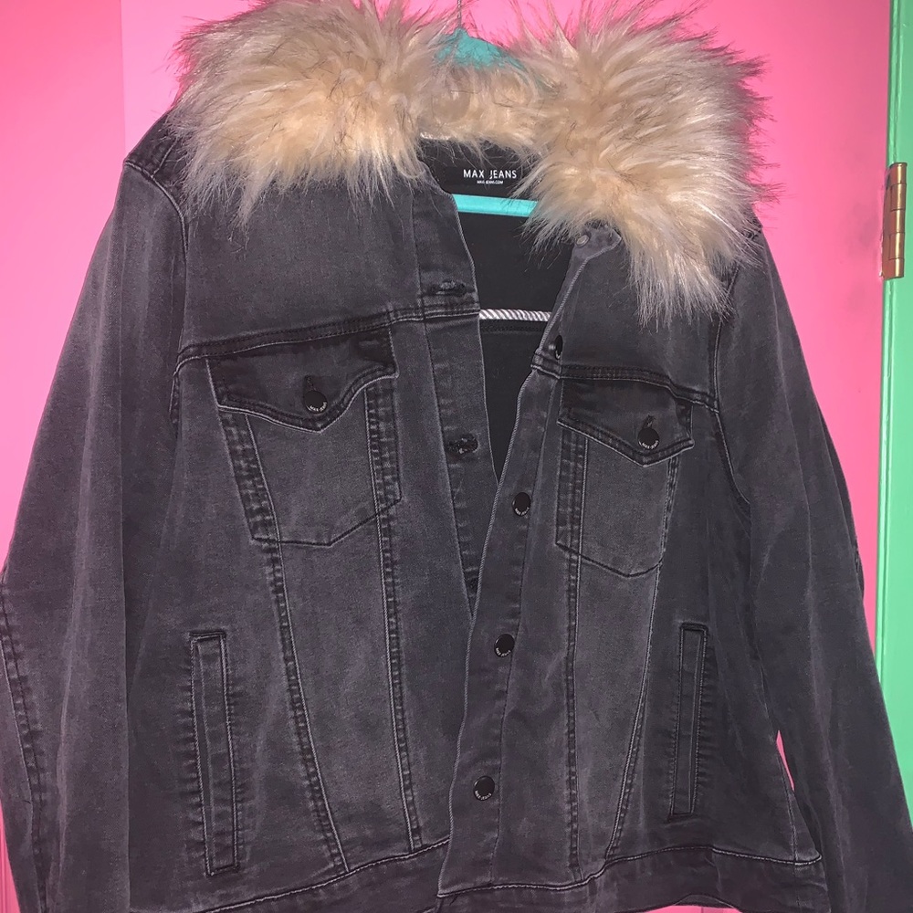 Trendy fur collar denim jacket 2X